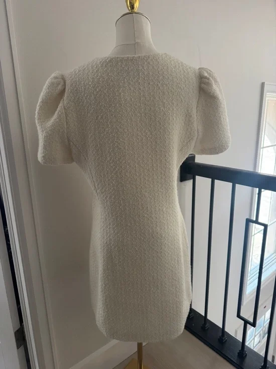 Aqua Ivory Bouclé Short-Sleeve Mini Dress with Decorative Buttons - Picture 7 of 8